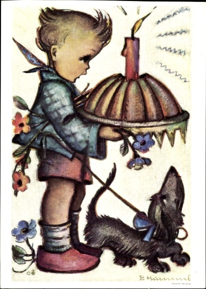 Artist Postcard Hummel, Berta, And many, many years to come, No. 14384, Child with birthday cake, dachshund