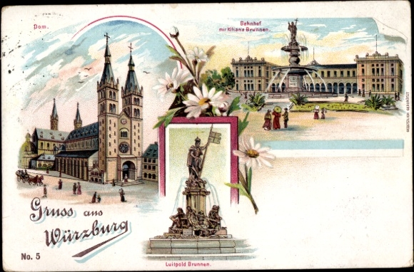 Litho Würzburg am Main Unterfranken, Luitpold-Brunnen, Bahnhof, Dom