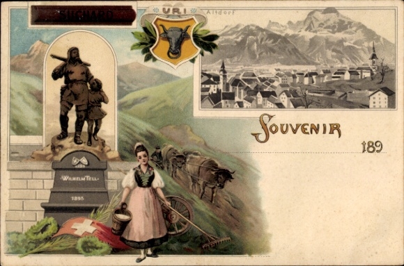 litho Altdorf Kt. Uri, Tell-monument, vrouw in klederdracht, algemeen beeld, advertentie Suchard