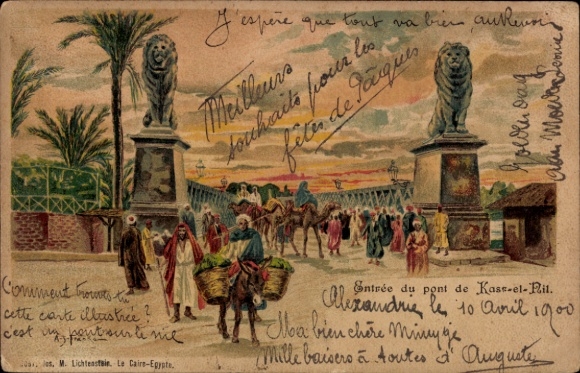 Chromo-Litho Alexandria Egypt, Kasr el Nile Bridge, camels, donkeys