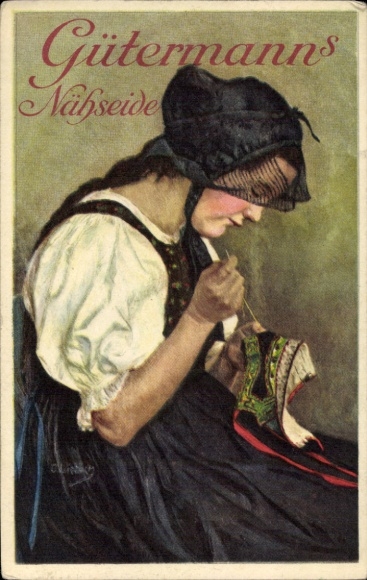 Artist Postcard Liebich, C., woman in traditional costume sewing, advertisement, Gütermann's sewing silk