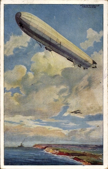 Artist Postcard Schulze, Hans Rudolf, Reichsmarine airship, watch on the German Baltic coast