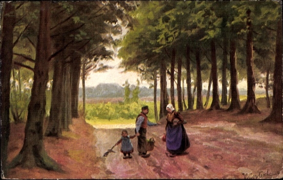 Artist Postcard Gerstenhauer, JG, Dutch motif, forest path, woman in traditional costume