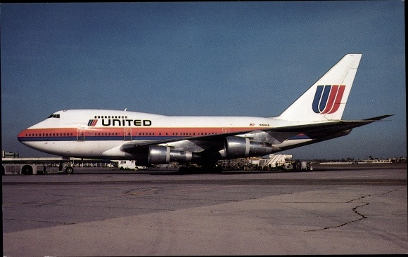 Postcard American passenger plane, UNITED Airlines, Boeing 747SP-27
