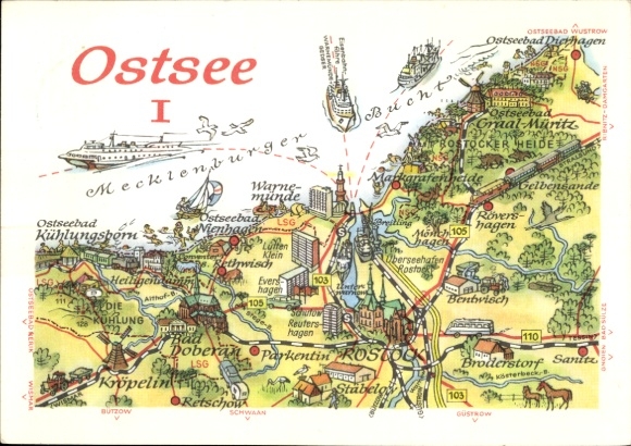 Postcard Hanseatic City of Rostock, map of the Baltic Sea, Mecklenburg Bay, location information, ships, trees, coast