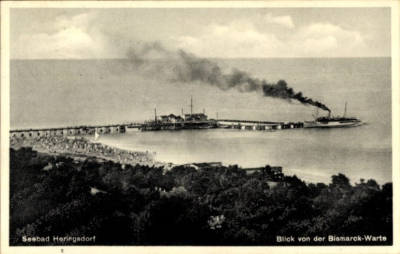 Postcard Ostseebad Heringsdorf on Usedom, seaside resort view from the Bismarck-Warte, steamer, beach area