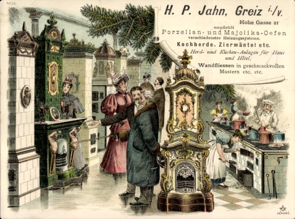 Chromo-Litho Greiz in Vogtland, HP Jahn, porcelain and majolica ovens, cooking stoves, Hohe Gasse 21
