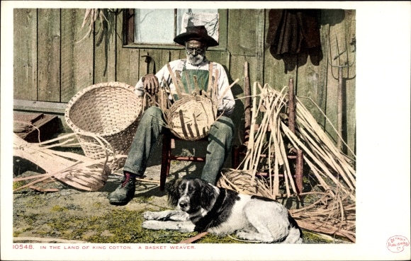Postcard USA, In the land of King Cotton, a basket maker