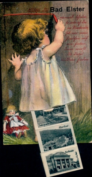 Leporello Postcard Bad Elster in Vogtland, salt spring, Albertbad, Kutheater