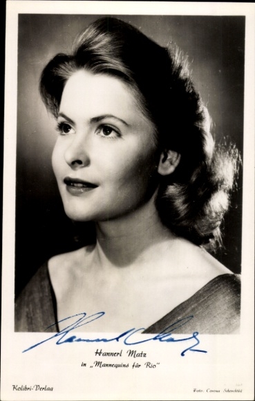 Postcard actress Hannerl Matz, portrait, film mannequins for Rio, autograph