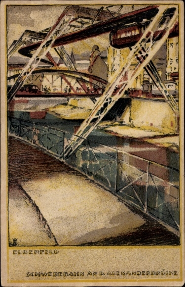 Stone print artist Postcard Greiner, Elberfeld Wuppertal in North Rhine Westphalia, suspension railway