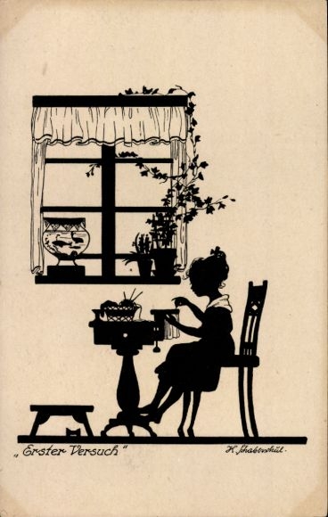 Paper cutting Postcard First attempt, embroidering girl