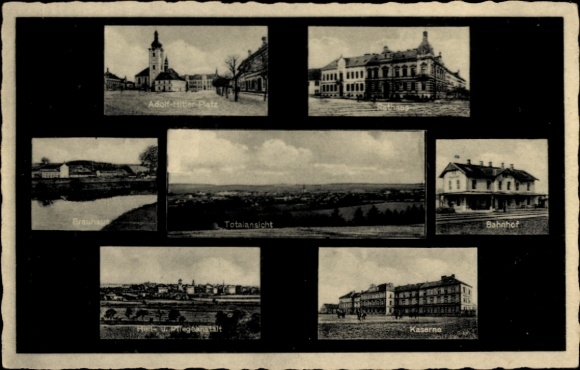 Ak Dobřany Dobrzan Wiesengrund Region Pilsen, Adolf Hitler Platz, Bahnhof, Kaserne, Heilanstalt