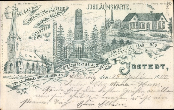 Chromo-Litho Idstedt in Schleswig Holstein, anniversary card of the 1900 battle, memorial church, memorial