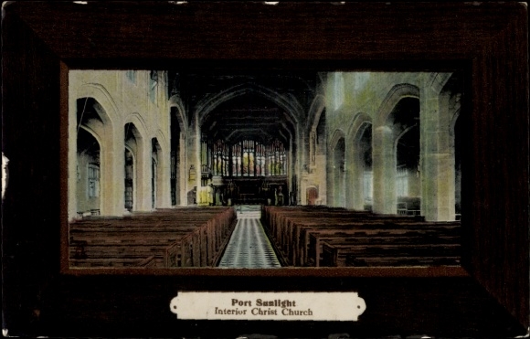Postcard Port Sunlight North West England, interior view of Christ Church, pews, windows, light