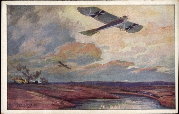 Künstler Ak Schulze, Hans Rudolf, Militärtaube auf Erkundungsflug bei den Masurischen Seen, I. WK