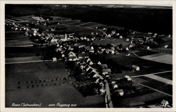 Postcard Boos in Swabia, aerial view of Boos, Swabia, residential buildings, fields, hilly landscape