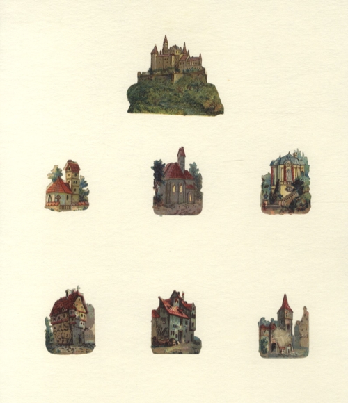 7 wafers residential houses, castle, churches, approx. 5 x 6 cm to 4 x 3 cm