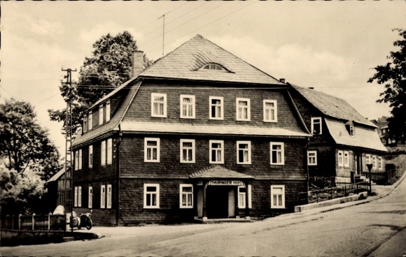 KP Schmiedefeld am Rennsteig Suhl, stacja kolejowa Rennsteig, Hotel Thüringer Hof, dom kontraktowy FDGB, Bac
