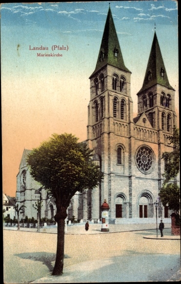 PC Landau in der Pfalz, street section with a view of St. Mary&#39;s Church, bell tower