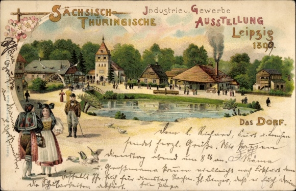 Litho Leipzig, Saksische Thüringer industrie- en handelstentoonstelling 1897, kostuums, dorp