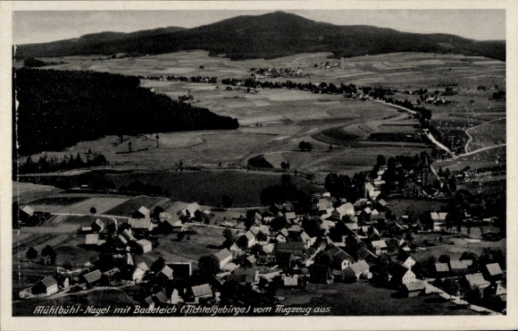Postcard Mühlbühl Nagel in the Fichtelgebirge Upper Franconia, aerial photograph