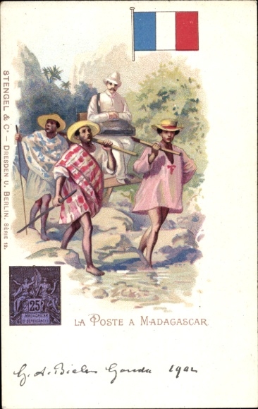Stamps Chromo-Litho The post office in Madagascar, postman, sedan chair