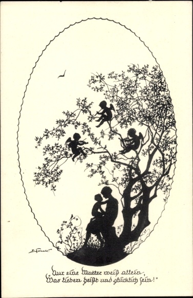 Paper cutting artist Postcard Elsbeth, F., Woman with child, Only a mother knows alone...