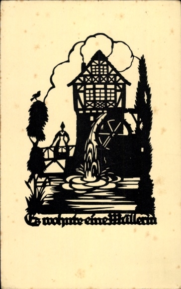 Paper cut Postcard Schwindt, AM, A miller lived, water mill