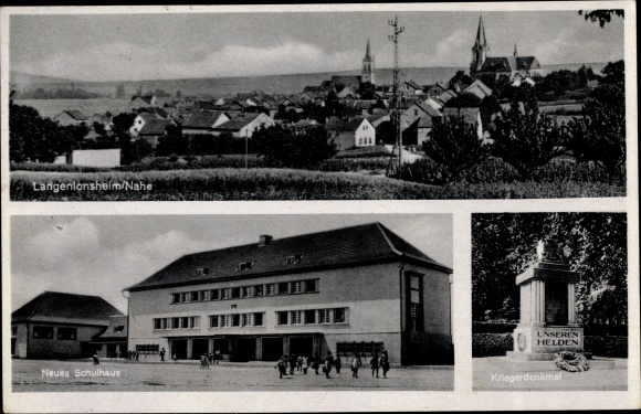 Postcard Langenlonsheim an der Nahe Rhineland-Palatinate, new school building, war memorial, total view