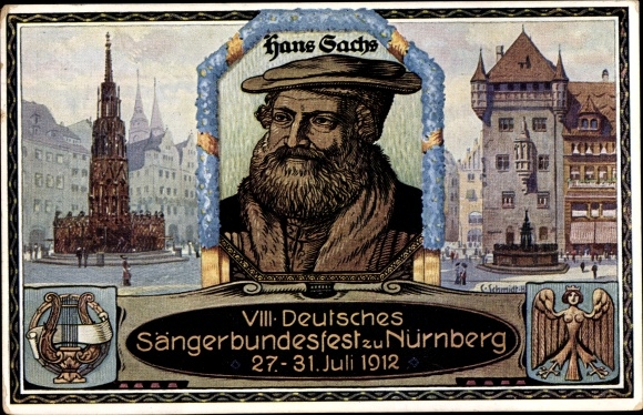 Postal stationery artist PC Schmidt, C., Nuremberg, 8th German National Singers Festival 1912, portrait of Hans Sachs
