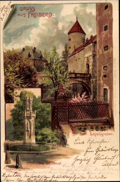 Kunstenaar litho Spndler, Erwin, Freiberg in Saksen, kasteeltuin, monument voor Zweden