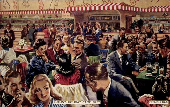 Postcard Filey Yorkshire England, Butlin's Holiday Camp, French Bar, guests, entertainment, bar service