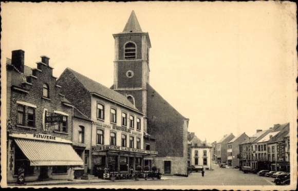 Ak Beaumont sur Oise Val d'Oise, Postkarte von  Patisserie Mouton Blanc, Kirche, Platz