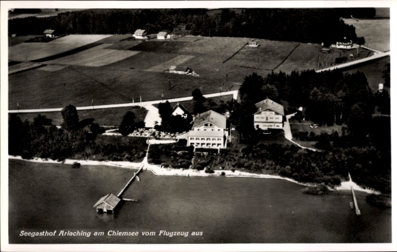 Postcard Arlaching Chieming in Upper Bavaria, Seegasthof Arlaching, view from the plane, nature, water, Geb