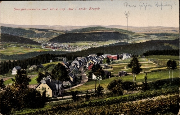 Postcard Oberpfannenstiel Lauter Bernsbach im Erzgebirge Sachsen, Panorama mit Blick nach Aue