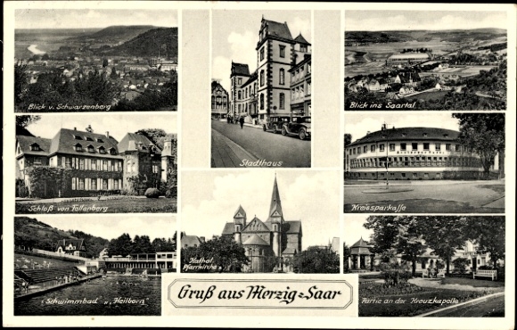 Ansichtkaart Merzig an der Saar, herenhuis, districtsspaarbank, kasteel Fellenberg, zwembad Heilborn