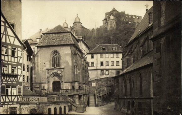 Postcard Wertheim am Main, view of a building, half-timbered houses, castle in the background