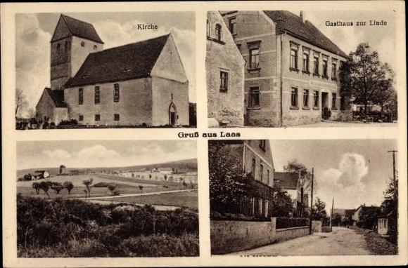 Ak Laas Liebschützberg in Saksen, Inn zur Linde, kerk, straatgedeelte