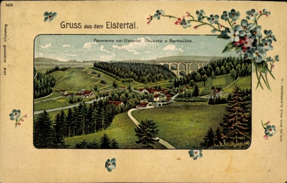 Präge Passepartout Ak Elsterberg im Vogtland, Gesamtansicht, Elstertal, Bartmühle, Jocketa