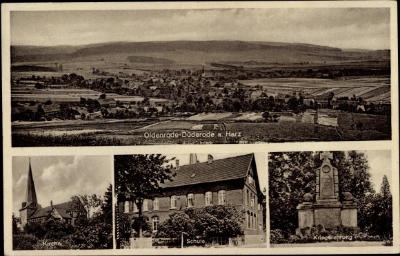 KP Oldenrode Düderode Kalefeld am Harz, panorama, kościół, szkoła, pomnik wojenny