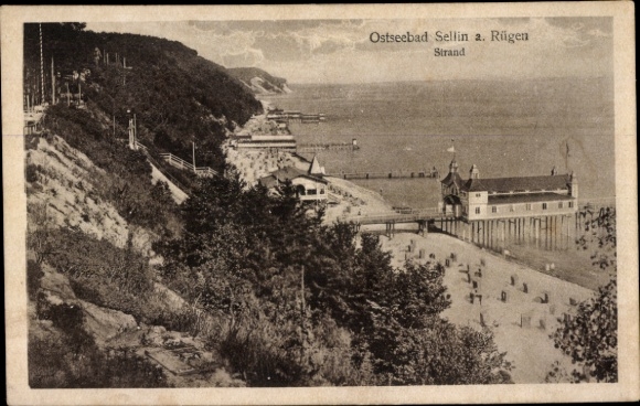 Ak Ostseebad Sellin op Rügen, uitzicht op het strand, pier