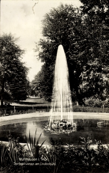 Postcard Mühlhausen in Thuringia, fountain in Mühlhausen, Lindenbühl, beautiful trees and landscape