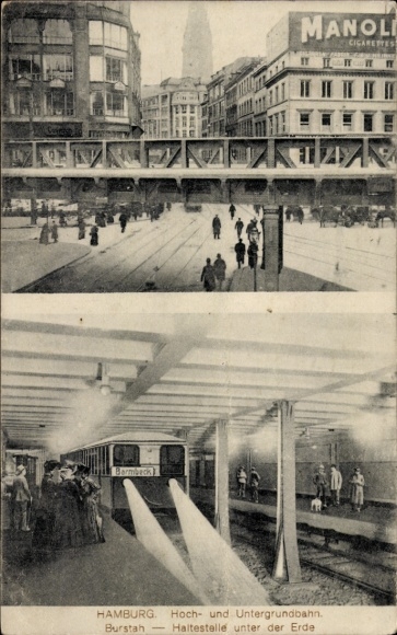 Postcard Hamburg Nord Barmbek, Barmbeck, MANOLI Cigarettes, elevated and underground railway, stop under