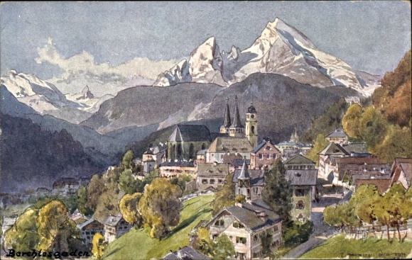 Kunstenaarsbriefkaart Compton, Edward Harrison, Berchtesgaden in Opper-Beieren, Panorama, Watzmann