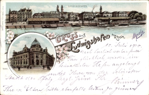 Litho Ludwigshafen am Rhein, Panoramaansicht vom Fluss, Eckgebäude der Post