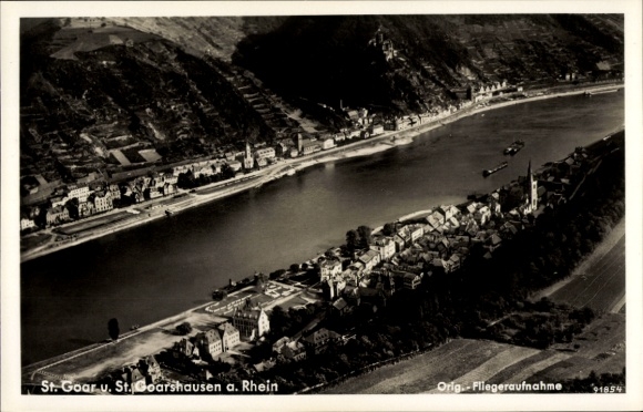 KP St. Goar am Rhein, widok z lotu ptaka na Ren, St. Goar, St. Goarshausen
