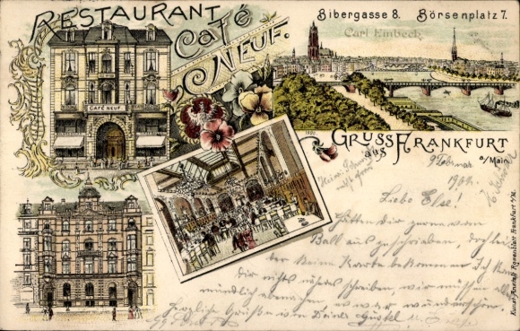Chromo-Litho Frankfurt am Main, Restaurant Café Neuf, Bibergasse 8, Börsenplatz 7, owner: Carl Einbeck