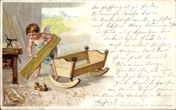 Artist Postcard Döcker, E., Angel builds a cradle