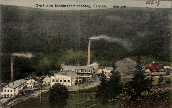Ak Niederschmiedeberg Großrückerswald in het Ertsgebergte, fabrieken in het middendorp